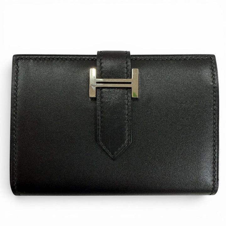美品☆HERMES エルメス ベアンミニ ボックスカーフ シルバー金具 カードケース 名刺入れ ブラック Z刻印 フランス製 レディース 箱付き