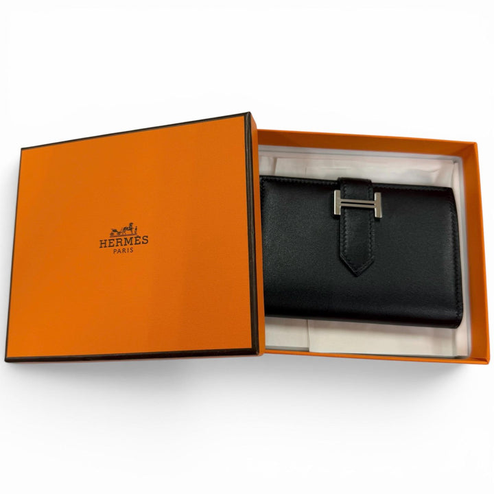美品☆HERMES エルメス ベアンミニ ボックスカーフ シルバー金具 カードケース 名刺入れ ブラック Z刻印 フランス製 レディース 箱付き