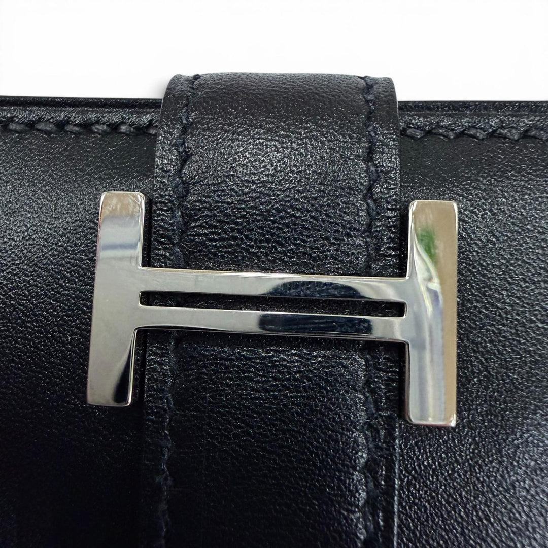 美品☆HERMES エルメス ベアンミニ ボックスカーフ シルバー金具 カードケース 名刺入れ ブラック Z刻印 フランス製 レディース 箱付き