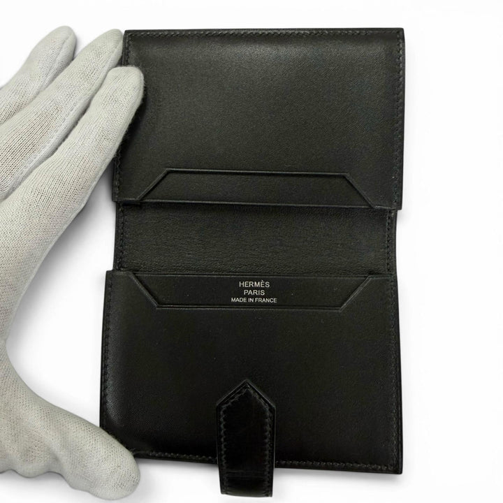 美品☆HERMES エルメス ベアンミニ ボックスカーフ シルバー金具 カードケース 名刺入れ ブラック Z刻印 フランス製 レディース 箱付き