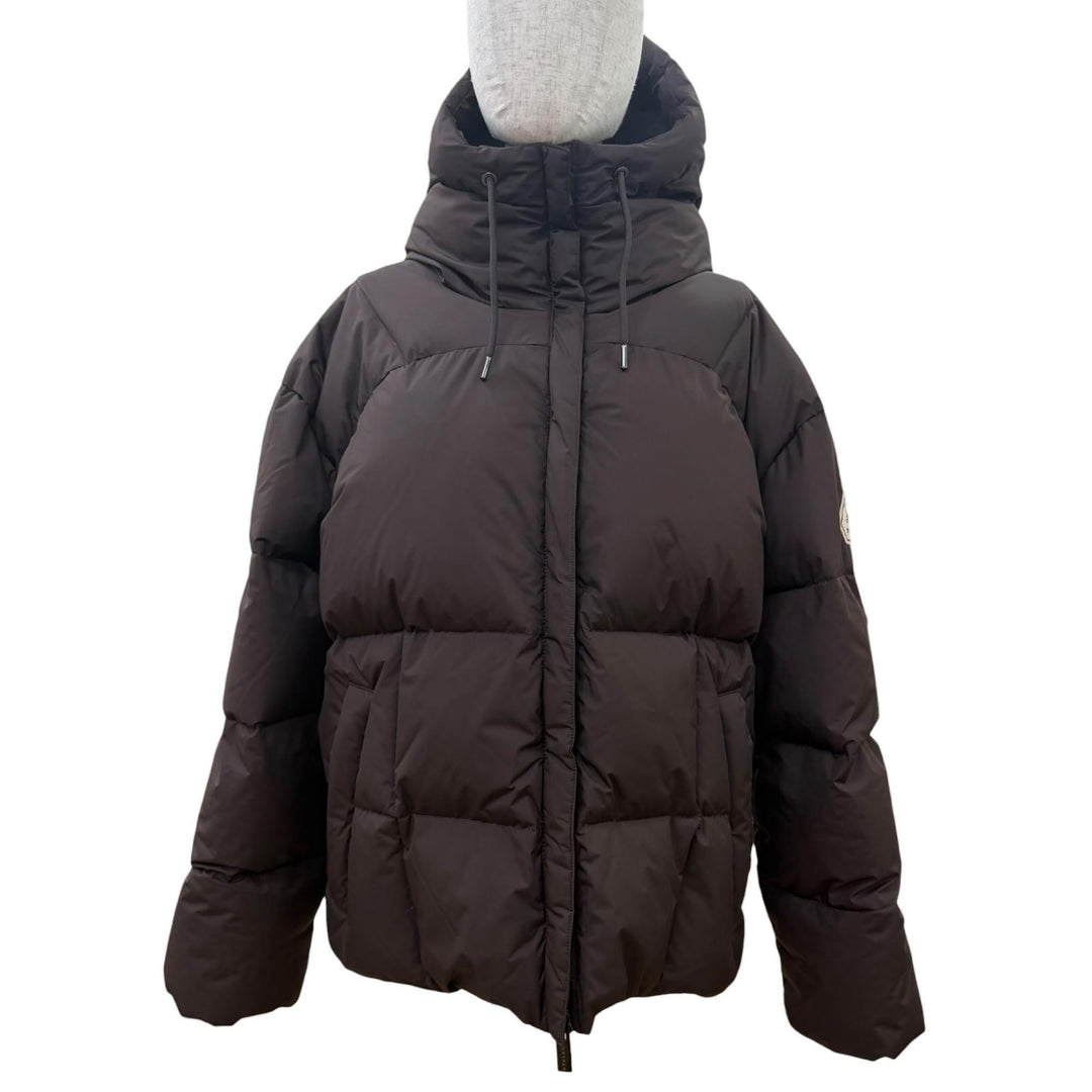 美品☆Pyrenex ピレネックス HARMONIE 2 ロゴワッペン・フード付 ZIP UP ダウンコート ダウンジャケット ブラウン 40 正規品 レディース