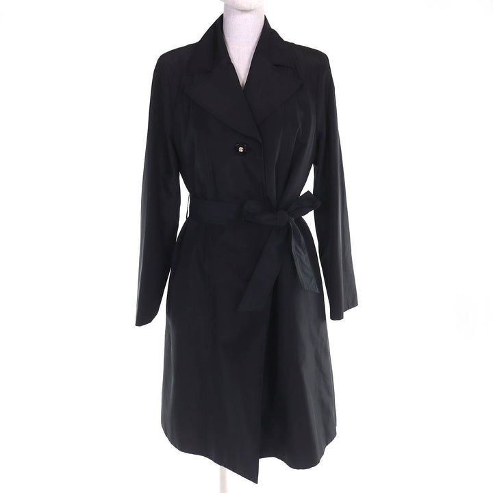 美品△LEONARD FASHION レオナール ファッション 0328151 シルク混 ロゴボタン 総柄ライナー・ベルト付 ロングコート ブラック 38 正規品