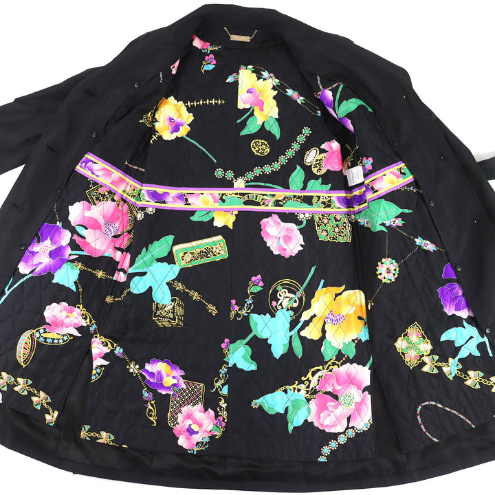 美品△LEONARD FASHION レオナール ファッション 0328151 シルク混 ロゴボタン 総柄ライナー・ベルト付 ロングコート ブラック 38 正規品