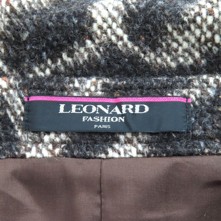 美品△LEONARD FASHION レオナール ファッション 0348300 ロゴボタン 総柄デザイン ウール ダブル ハーフコート ブラウン 38 正規品
