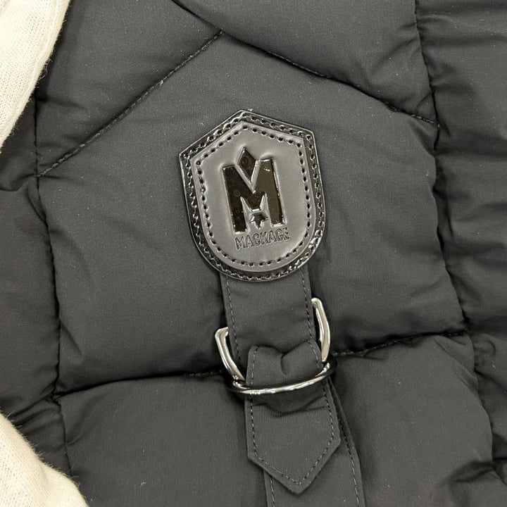 美品☆MACKAGE マッカージュ 11332660-3A FARREN レザー使い フード付 ZIP UP ダウンコート ブラック XS 正規品 レディース ガーメント付