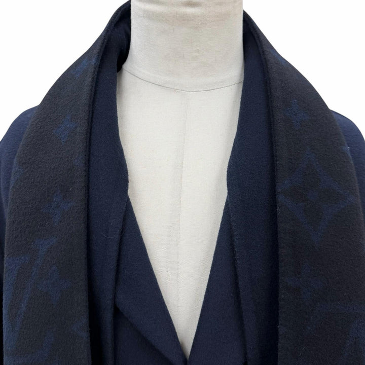 極美品▼LOUIS VUITTON ルイヴィトン 24SS モノグラムジャイアント フーデッドマフラー ウール シルク チェスターコート 紺 46 正規品