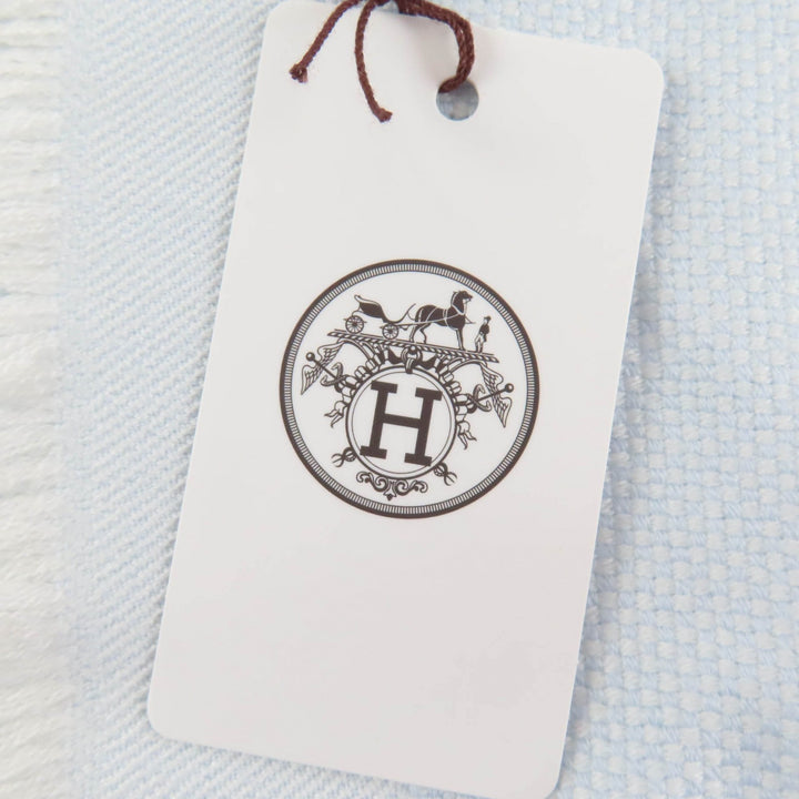 未使用品☆HERMES エルメス ウール100％ ベビーブランケット フリンジ付 ストール ライトブルー 箱付き イタリア製 正規品 レディース
