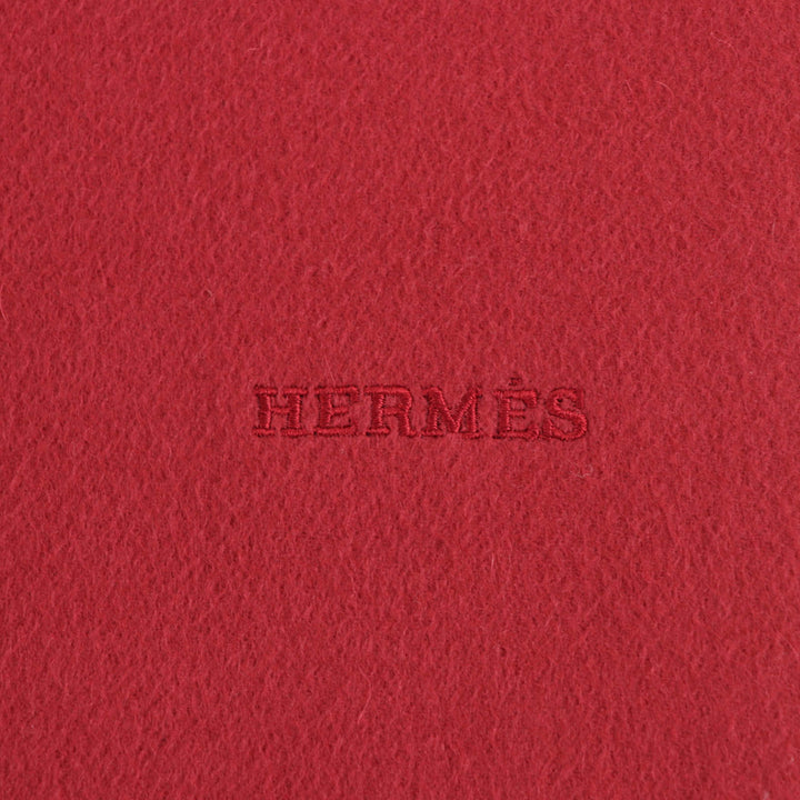極美品☆HERMES エルメス カシミヤ100％ ロゴ刺繍 フリンジ付 大判ストール マフラー レッド系 スコットランド製 レディース
