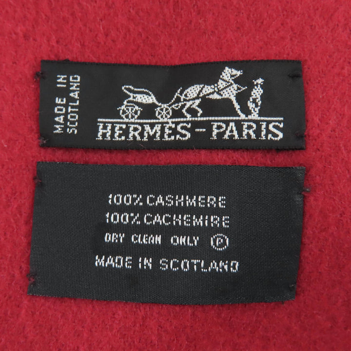 極美品☆HERMES エルメス カシミヤ100％ ロゴ刺繍 フリンジ付 大判ストール マフラー レッド系 スコットランド製 レディース