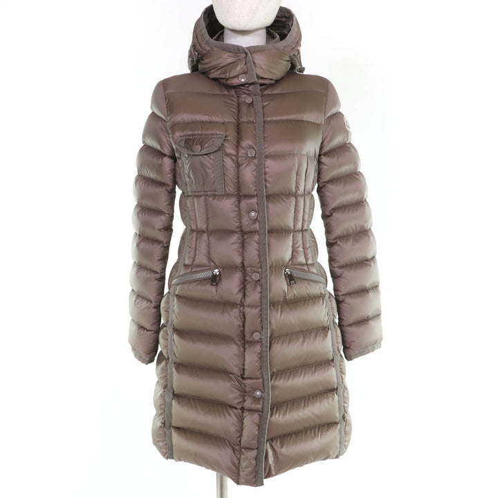 美品☆MONCLER モンクレール HERMINE エルミンヌ ロゴワッペン・フード付 ダウンコート ライトブラウン 0 正規品 レディース