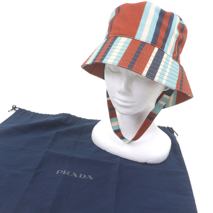 極美品□PRADA プラダ 2HC282 トライアングルポーチ ストライプ柄 ドリルハット バケットハット ブラウン系 L イタリア製 正規品 メンズ