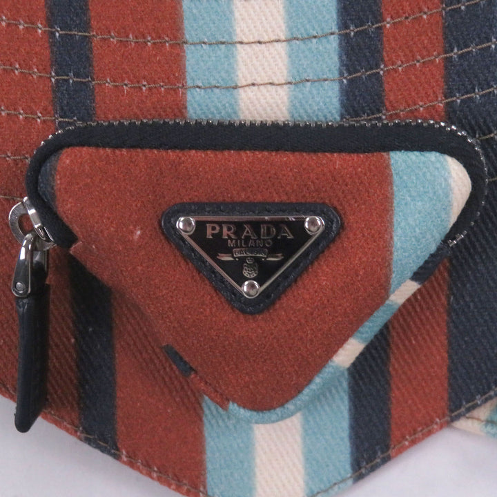 極美品□PRADA プラダ 2HC282 トライアングルポーチ ストライプ柄 ドリルハット バケットハット ブラウン系 L イタリア製 正規品 メンズ