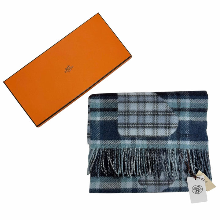 未使用品◇HERMES エルメス エシェック オ ロワ タータン カシミヤ100％ シエル ブルーマリン セラドン ロゴ刺繍 フリンジ付 マフラー