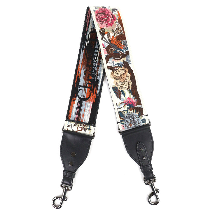極美品△Christian Dior クリスチャンディオール キャンバス レザー 花柄刺繍 ロゴエンブロイダリー ショルダーストラップ ベージュ 黒
