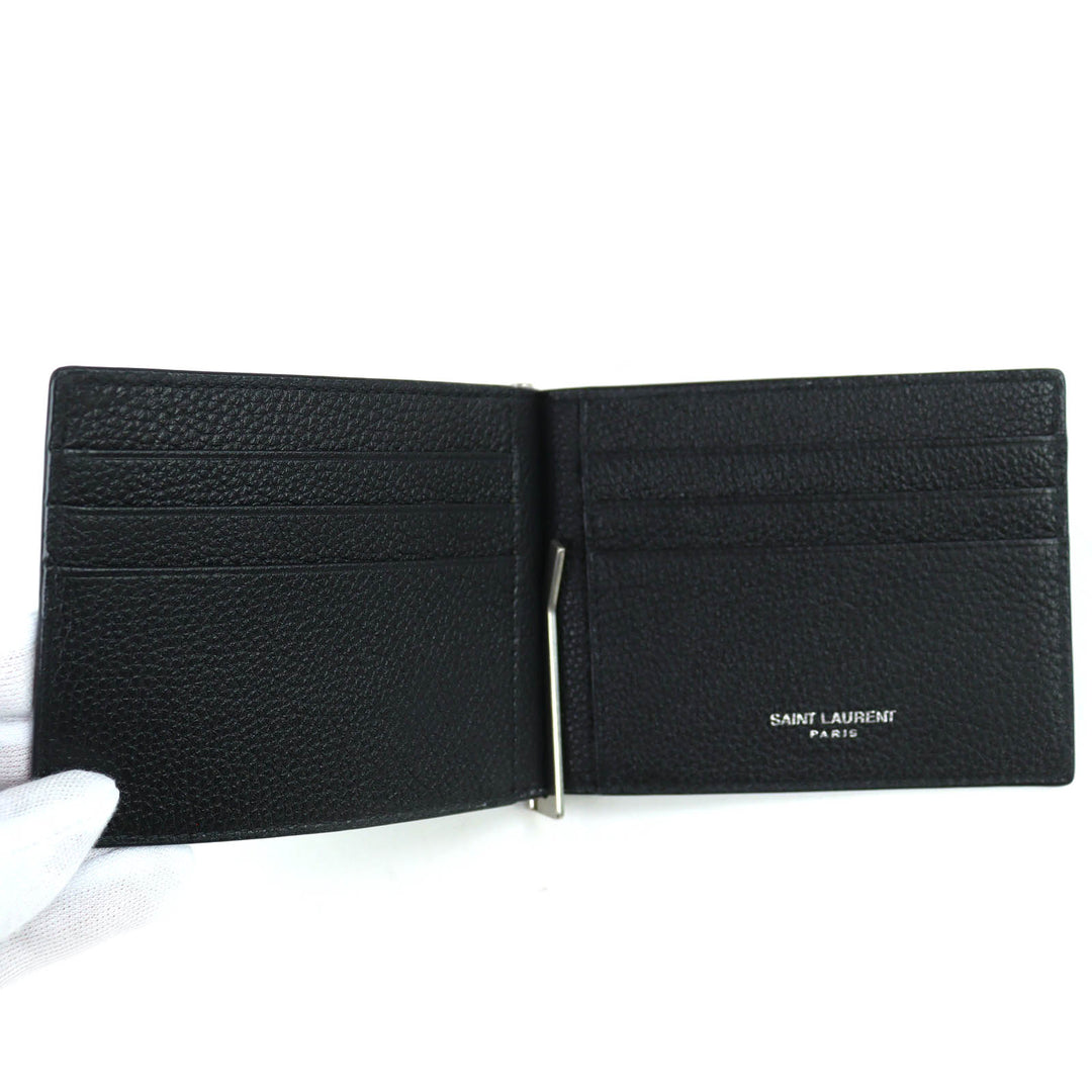 極美品△SAINT LAURENT PARIS サンローランパリ 691633 ロゴ レザー 二つ折り カードケース ビルクリップ ウォレット 現行品 定価71500円