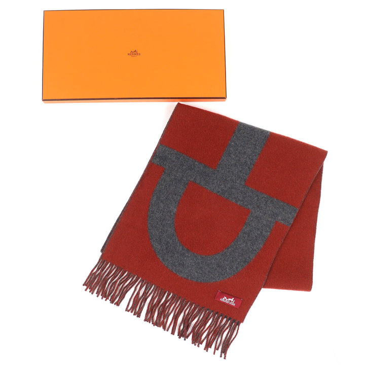 極美品△HERMES エルメス グランモール カシミヤ100％ フリンジ マフラー バイカラー ブラウン グレー 箱付き 英国製 メンズ レディース