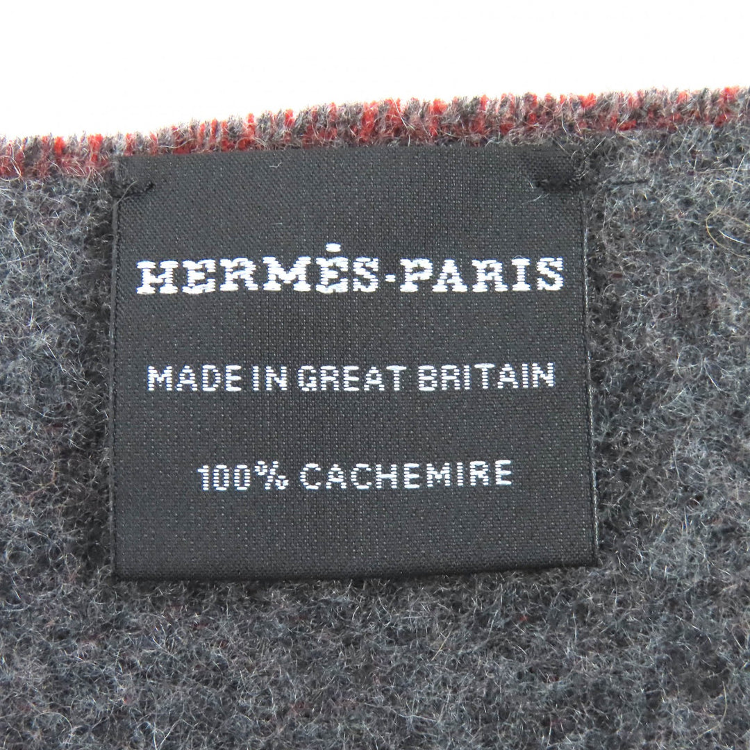 極美品△HERMES エルメス グランモール カシミヤ100％ フリンジ マフラー バイカラー ブラウン グレー 箱付き 英国製 メンズ レディース