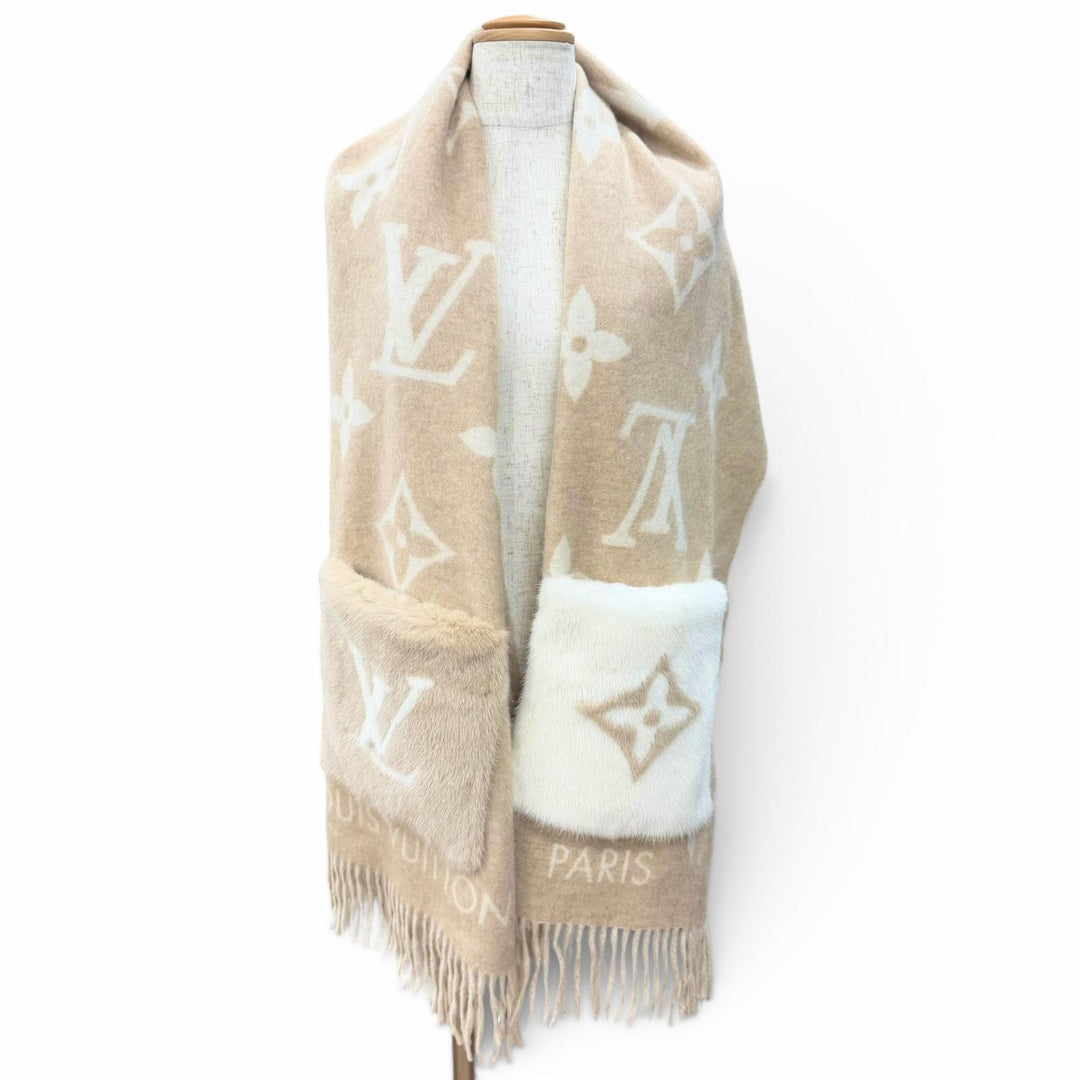 美品△LOUIS VUITTON ルイヴィトン M74354 エシャルプ コールド レイキャビック カシミヤ ミンクファー マフラー ベージュ 正規品 箱付き