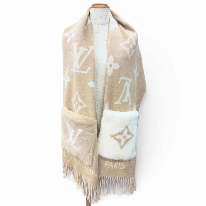 美品△LOUIS VUITTON ルイヴィトン M74354 エシャルプ コールド レイキャビック カシミヤ ミンクファー マフラー ベージュ 正規品 箱付き