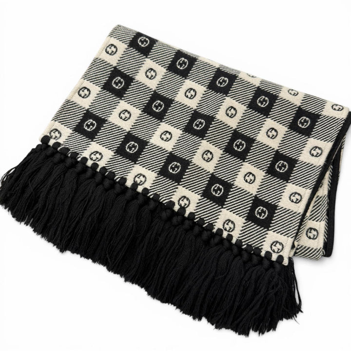 美品□GUCCI グッチ 633990 インターロッキングG チェック柄 フリンジ マフラー ブラック アイボリー 35×190cm イタリア製 正規品 メンズ