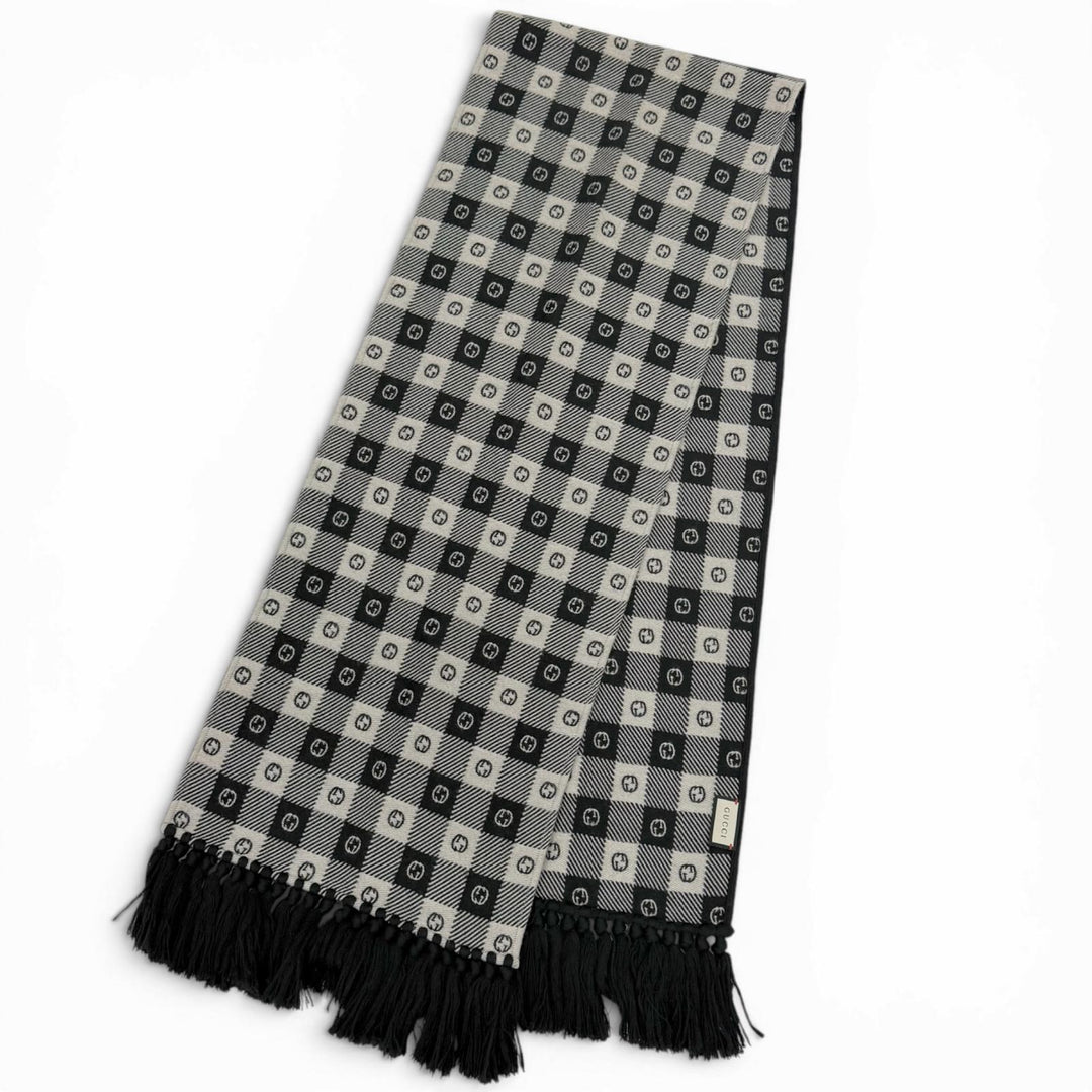美品□GUCCI グッチ 633990 インターロッキングG チェック柄 フリンジ マフラー ブラック アイボリー 35×190cm イタリア製 正規品 メンズ