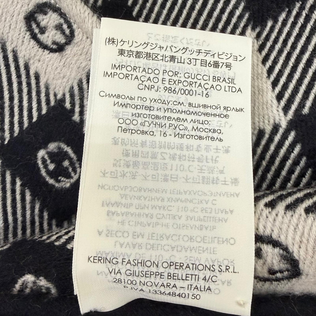 美品□GUCCI グッチ 633990 インターロッキングG チェック柄 フリンジ マフラー ブラック アイボリー 35×190cm イタリア製 正規品 メンズ