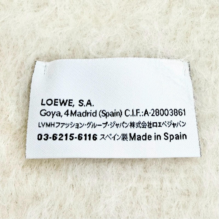 極美品△LOEWE ロエベ モヘア ウール アナグラムレザーパッチ フリンジ ロング マフラー アイボリー スペイン製 正規品 レディース 箱付
