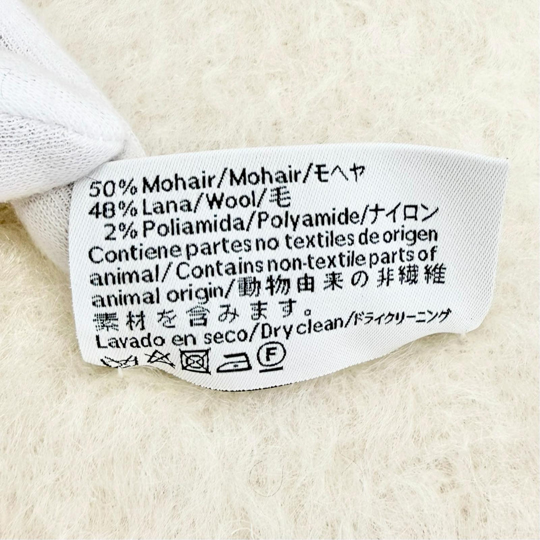 極美品△LOEWE ロエベ モヘア ウール アナグラムレザーパッチ フリンジ ロング マフラー アイボリー スペイン製 正規品 レディース 箱付