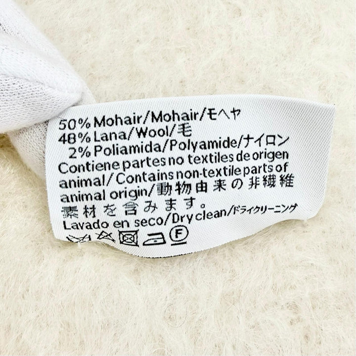 極美品△LOEWE ロエベ モヘア ウール アナグラムレザーパッチ フリンジ ロング マフラー アイボリー スペイン製 正規品 レディース 箱付
