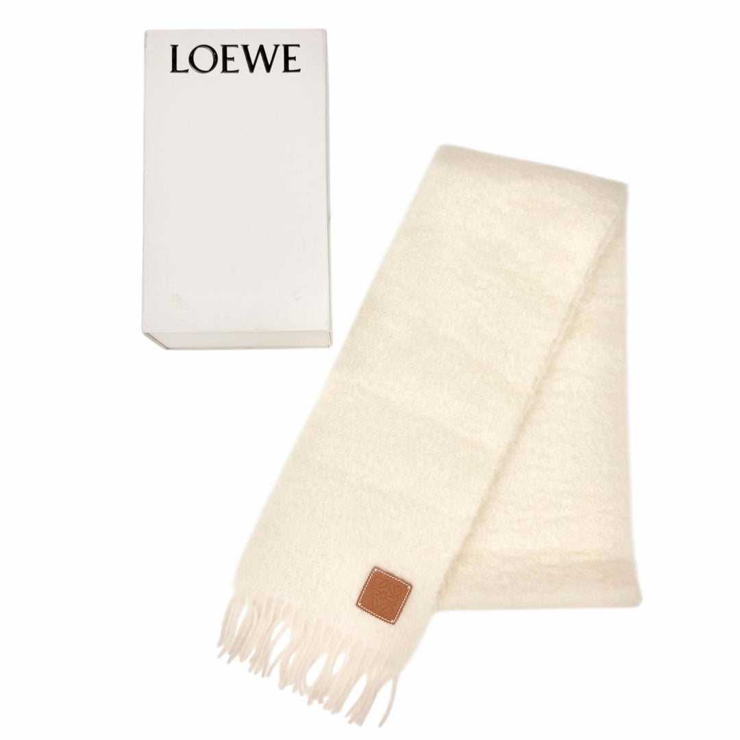 極美品△LOEWE ロエベ モヘア ウール アナグラムレザーパッチ フリンジ ロング マフラー アイボリー スペイン製 正規品 レディース 箱付
