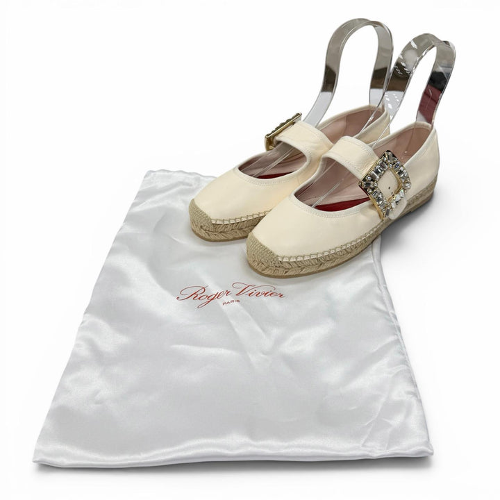 未使用品★ROGER VIVIER ロジェヴィヴィエ ストラスバックル エスパドリーユ レザーシューズ ライトベージュ 38.5 レディース 保存袋付き