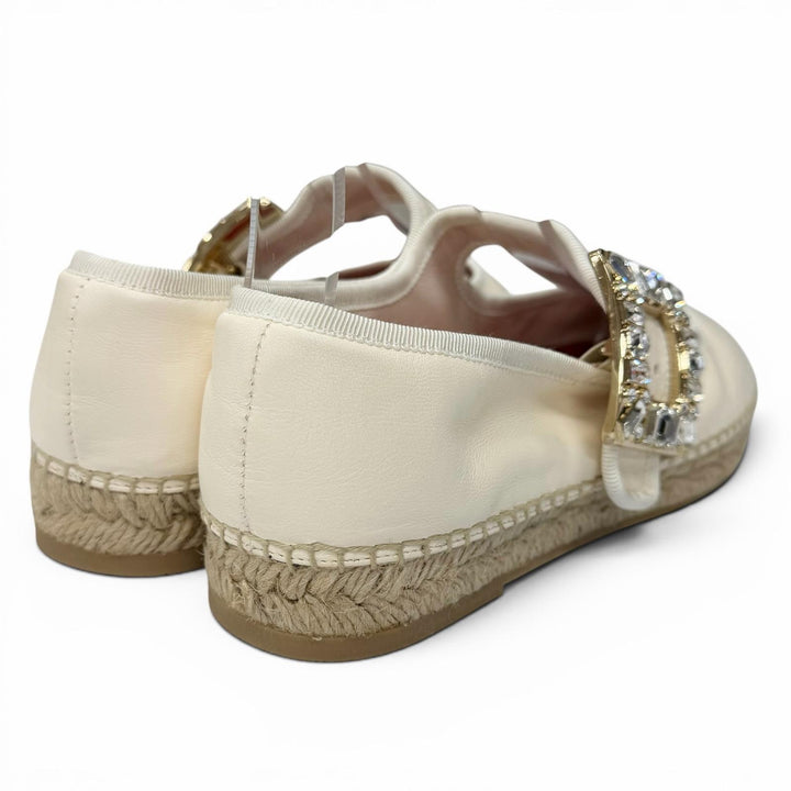 未使用品★ROGER VIVIER ロジェヴィヴィエ ストラスバックル エスパドリーユ レザーシューズ ライトベージュ 38.5 レディース 保存袋付き