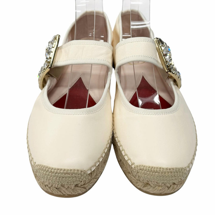 未使用品★ROGER VIVIER ロジェヴィヴィエ ストラスバックル エスパドリーユ レザーシューズ ライトベージュ 38.5 レディース 保存袋付き