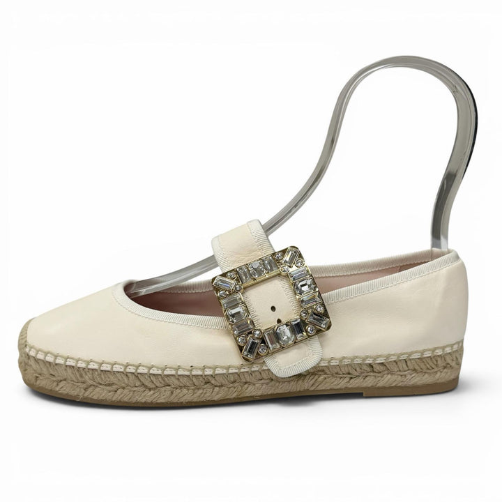 未使用品★ROGER VIVIER ロジェヴィヴィエ ストラスバックル エスパドリーユ レザーシューズ ライトベージュ 38.5 レディース 保存袋付き