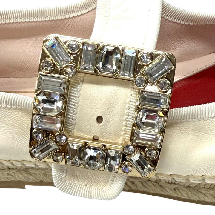 未使用品★ROGER VIVIER ロジェヴィヴィエ ストラスバックル エスパドリーユ レザーシューズ ライトベージュ 38.5 レディース 保存袋付き