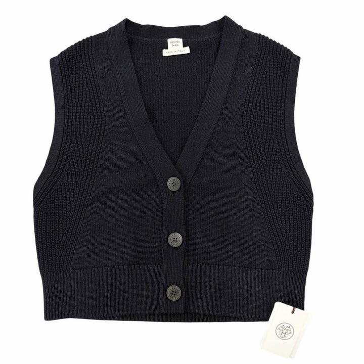 未使用品▲HERMES エルメス 2024SS 4E2721D1 カシミヤ100% セリエボタン ニット ベスト ネイビー 36 イタリア製 正規品 レディース