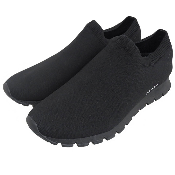 極美品▲PRADA プラダ ニット ロゴデザイン ニットアッパー ソックススニーカー スリッポン ニットスニーカー ブラック 6.5 メンズ