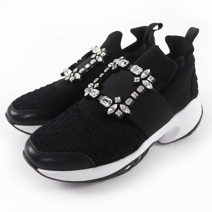 極美品☆ROGER VIVIER ロジェヴィヴィエ VIV RUN ヴィヴ ラン ストラスバックル レザー使い スニーカー ブラック ホワイト 37 イタリア製