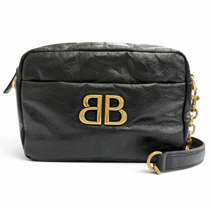 極美品△BALENCIAGA バレンシアガ 806459 モナコ アリーナカーフスキン カメラバッグ チェーン ショルダーバッグ ブラック ゴールド金具