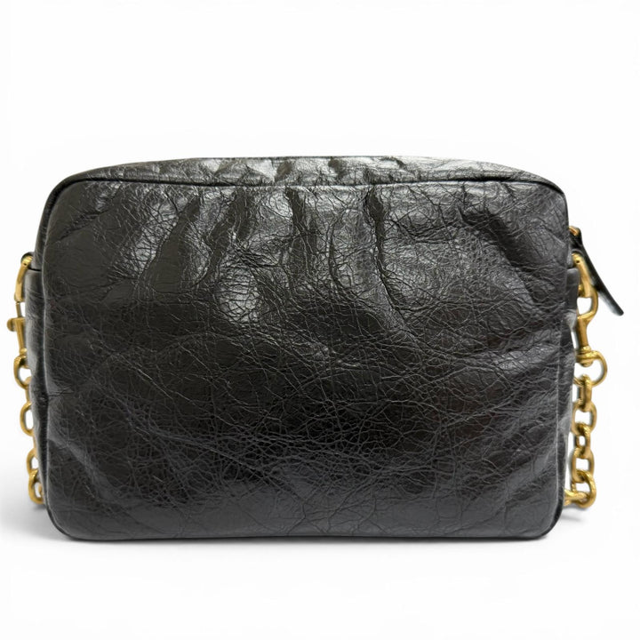 極美品△BALENCIAGA バレンシアガ 806459 モナコ アリーナカーフスキン カメラバッグ チェーン ショルダーバッグ ブラック ゴールド金具