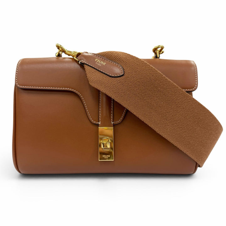 美品☆CELINE セリーヌ 19685 ティーン ソフト 16 セーズ レザー ショルダーバッグ タン ゴールド金具 レディース イタリア製 保存袋付き