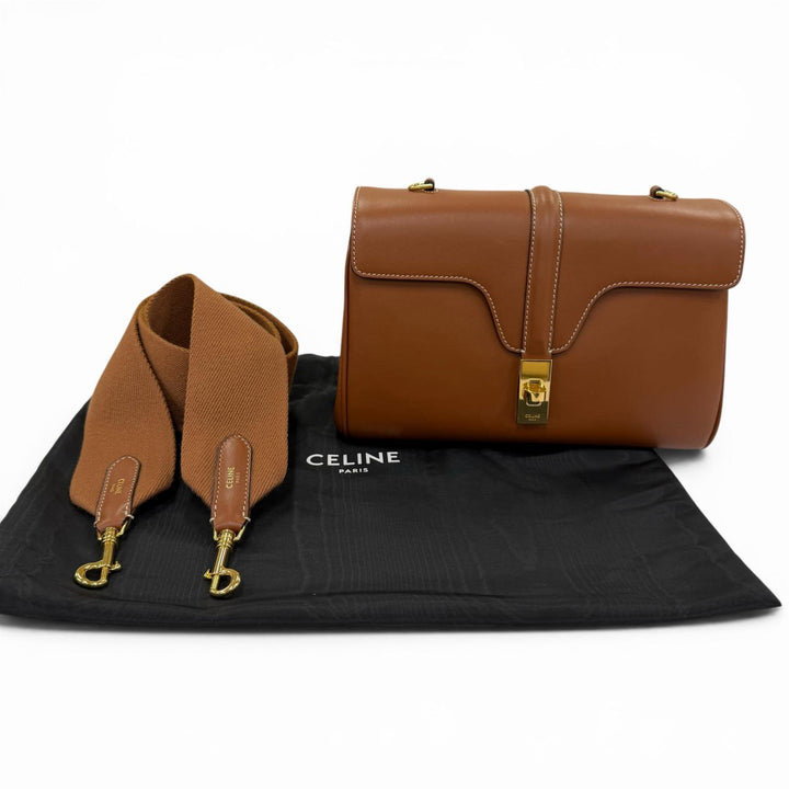 美品☆CELINE セリーヌ 19685 ティーン ソフト 16 セーズ レザー ショルダーバッグ タン ゴールド金具 レディース イタリア製 保存袋付き