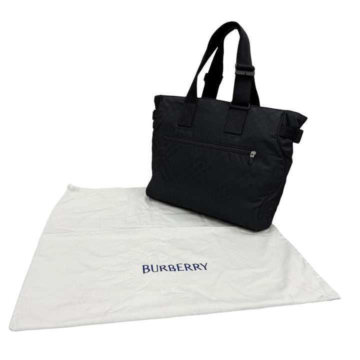 極美品▼BURBERRY バーバリー 8085378 ナイロン チェック柄 ジャガード 大きめ トートバッグ ブラック メンズ 保存袋付き ビジネス◎