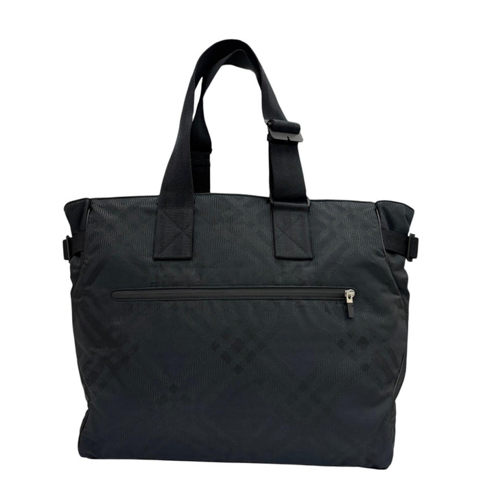 極美品▼BURBERRY バーバリー 8085378 ナイロン チェック柄 ジャガード 大きめ トートバッグ ブラック メンズ 保存袋付き ビジネス◎