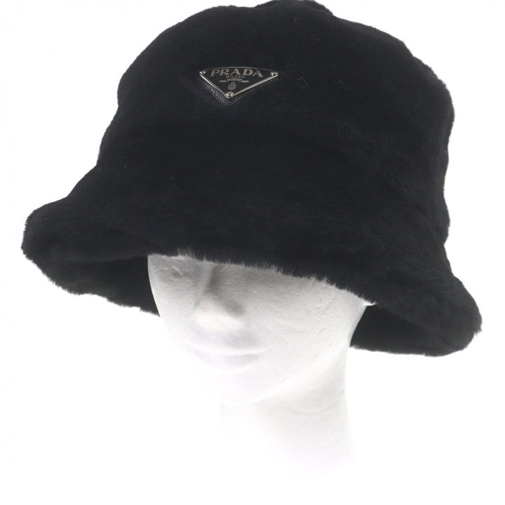 極美品□PRADA プラダ 2023年製 2HC137 シープスキン染ファー トライアングルロゴ バケットハット ブラック XL イタリア製 正規品 メンズ