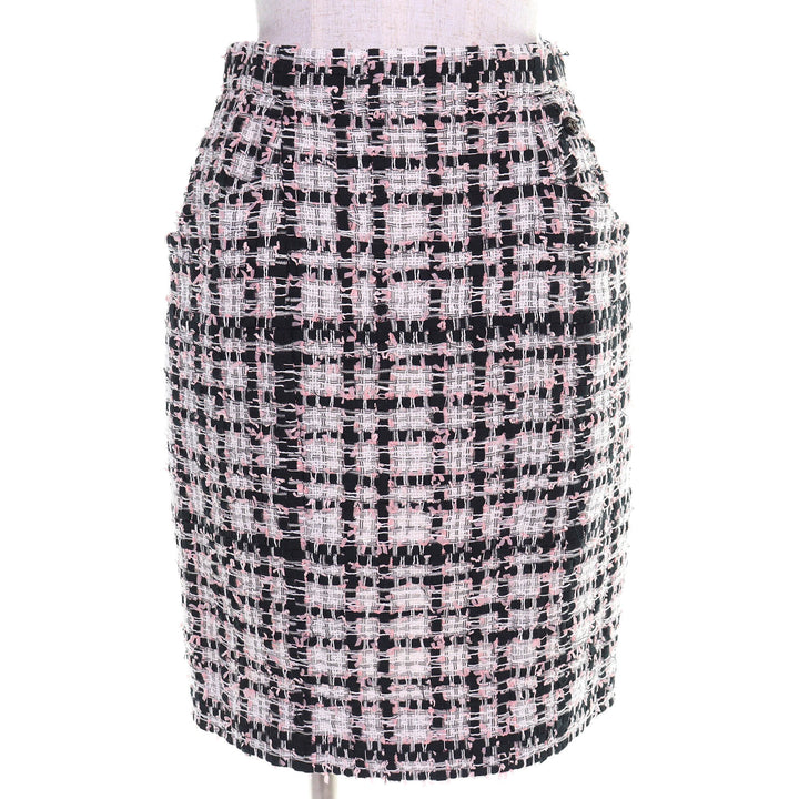 極美品△CHANEL シャネル P63188 ココマーク チェック ツイードスカート 裏地シルク100% ピンク ブラック ホワイト 36 フランス製 正規品