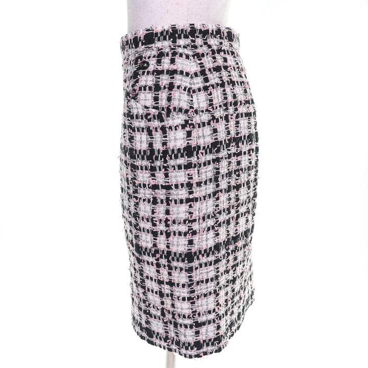極美品△CHANEL シャネル P63188 ココマーク チェック ツイードスカート 裏地シルク100% ピンク ブラック ホワイト 36 フランス製 正規品