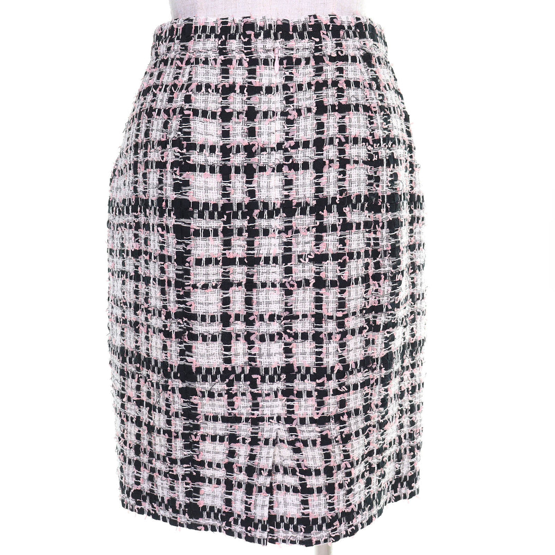 極美品△CHANEL シャネル P63188 ココマーク チェック ツイードスカート 裏地シルク100% ピンク ブラック ホワイト 36 フランス製 正規品
