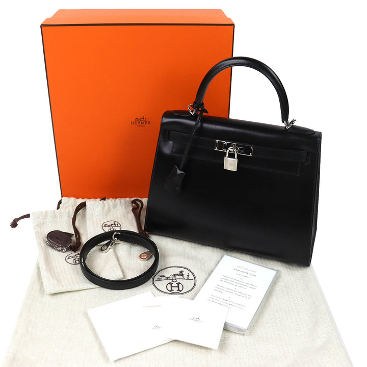 極美品△HERMES エルメス ケリー 28 外縫い ボックスカーフ シルバー金具 ハンドバッグ ブラック U刻印 箱・保存袋付き 仏製 レディース