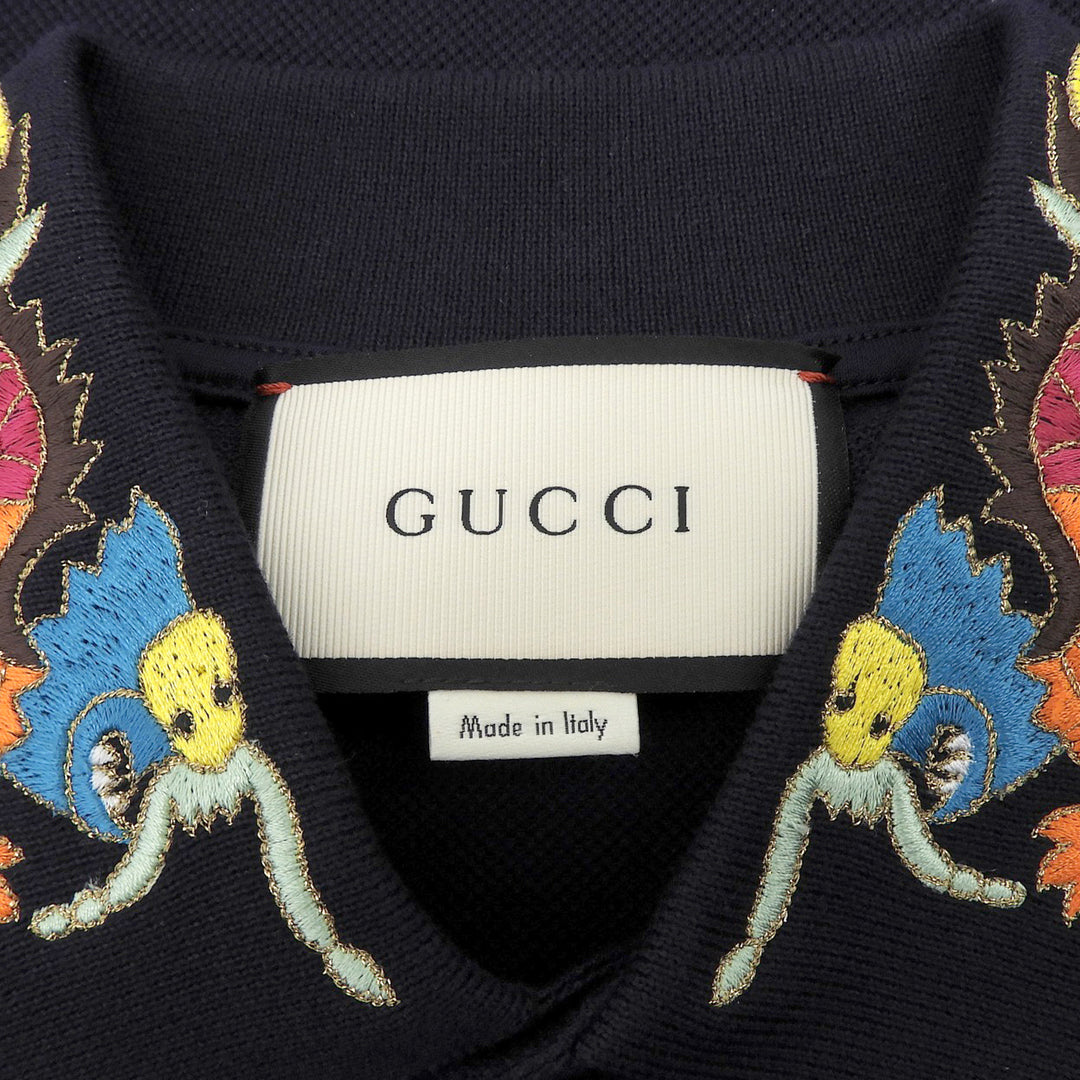 極美品▲GUCCI グッチ 453865 コットン インターロッキングGボタン付き ドラゴン刺繍 半袖ポロシャツ ネイビー M イタリア製 メンズ